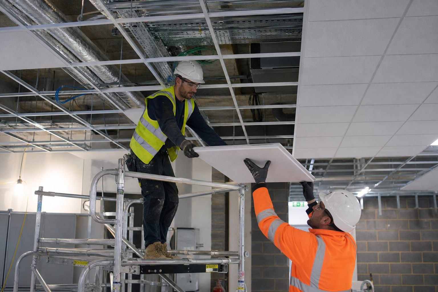 UK operatives in hard hats and hi-vis installing mineral-fibre tiles into a suspended ceiling grid from an access tower.
