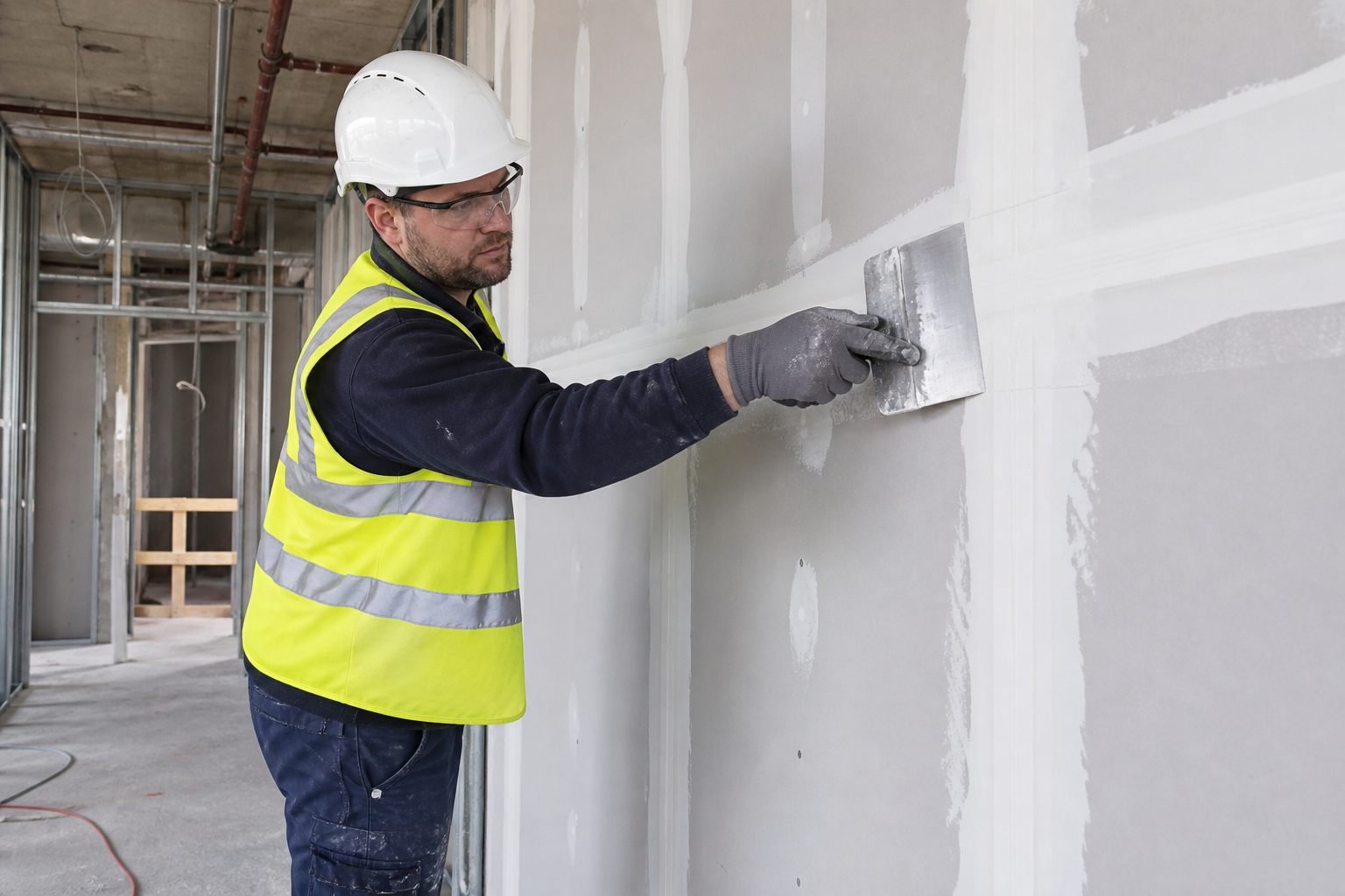 Jointing plasterboard on a commercial partition, with hard hat, hi-vis vest, gloves and eye protection.