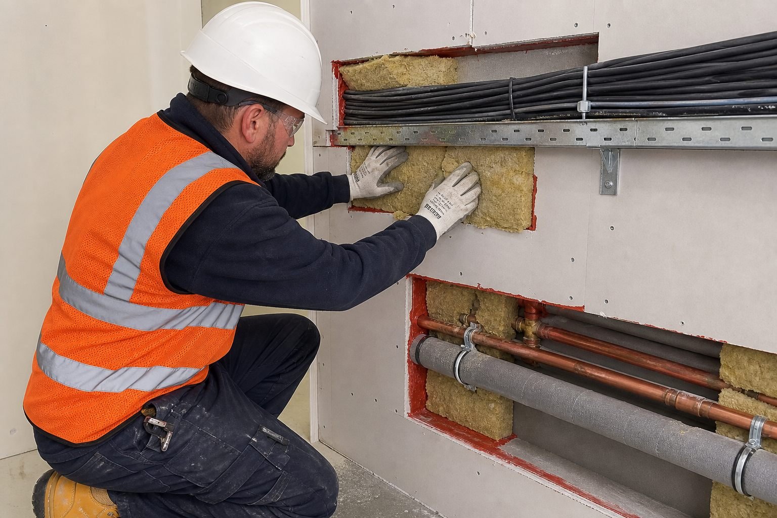 Fire-stopping operative in UK-spec PPE packing mineral wool around service penetrations in a fire-rated partition.