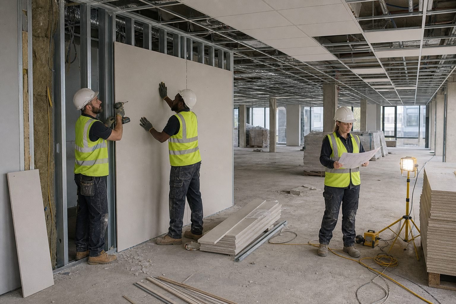 UK commercial office fit-out with metal-stud partitions and a suspended ceiling grid, operatives in white hard hats and hi-vis installing plasterboard.