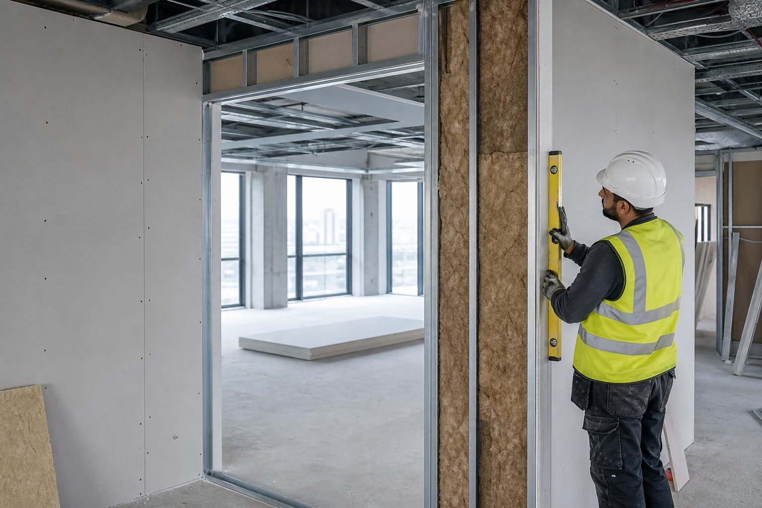 Drylining operative in UK-spec PPE setting out a metal-stud meeting-room partition in a commercial office.
