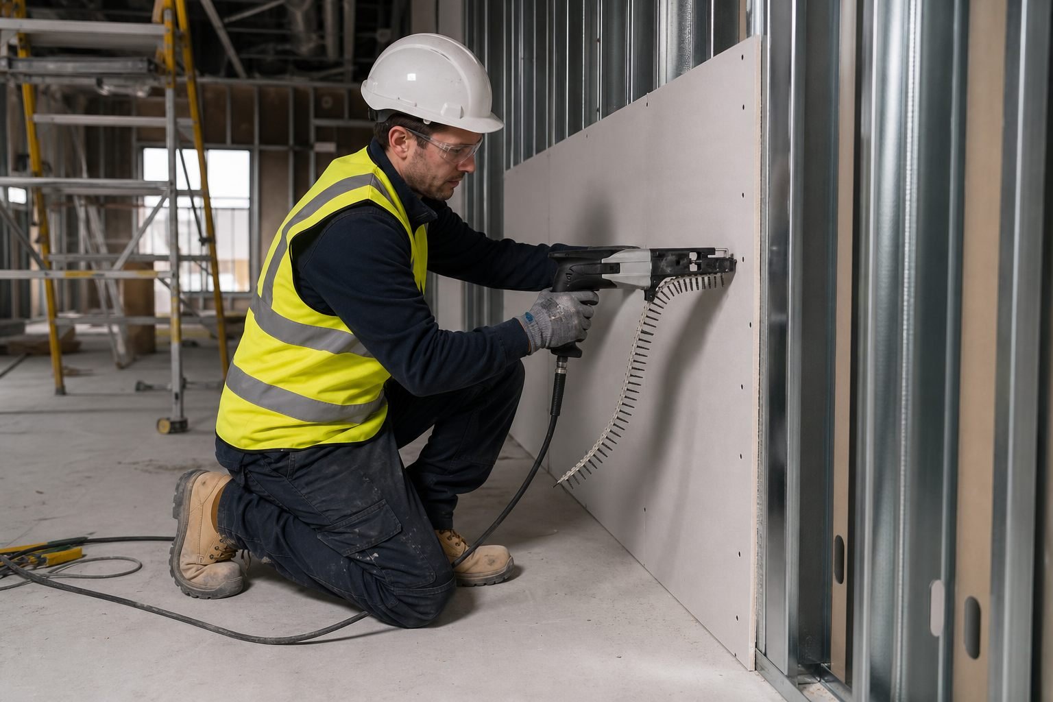 Drylining fixing with a screw gun, UK operative in hard hat, hi-vis, gloves and safety glasses.